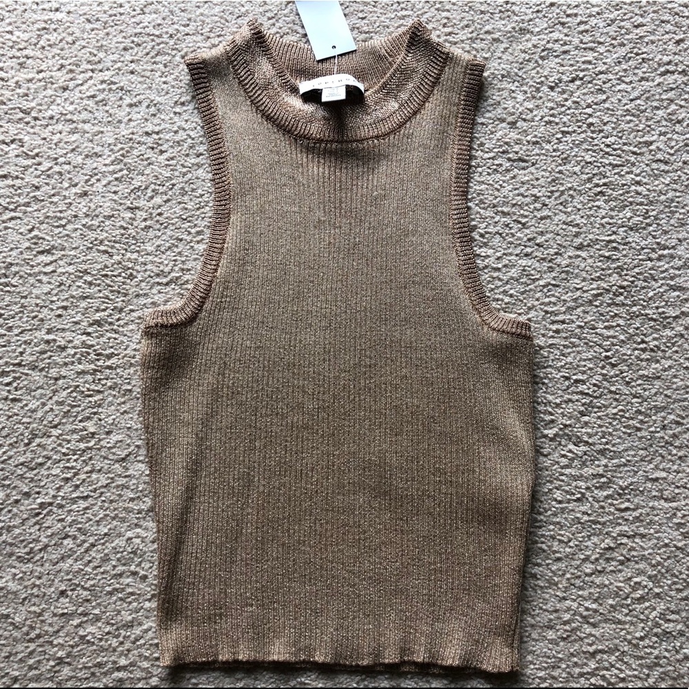 Topshop Crop Top Mock Neck Metallic Ribbed Gold 4 Sleeveless Tank Top Shirt Tee